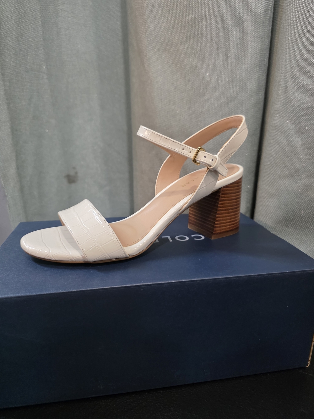 Cole Haan Cream Croc-Embossed Block Heel Sandal